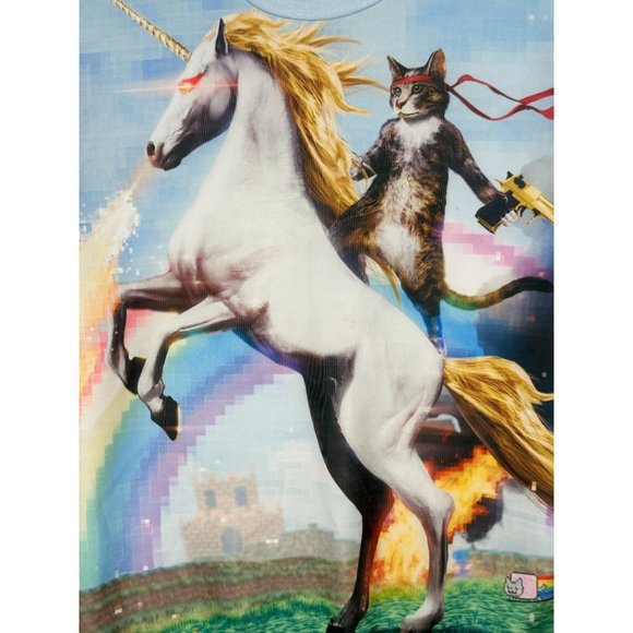 Fantasy Sharpshooter Cool Cat Golden Gun Fighting Riding Unicorn Sweatshirt Med - Picture 1 of 4